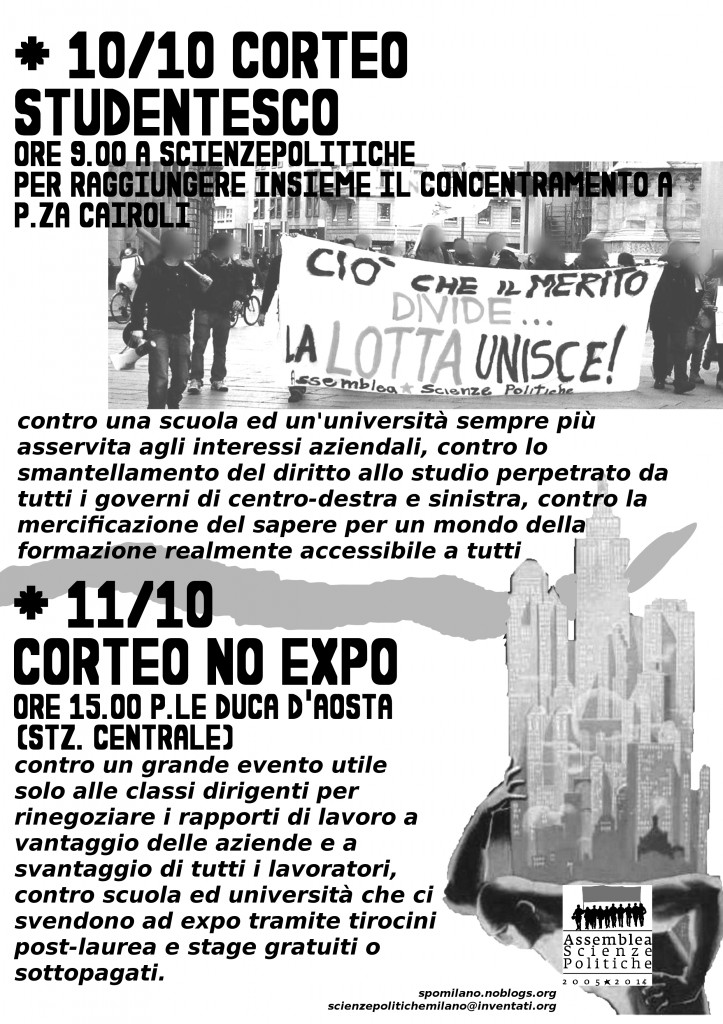 CORTEO STUDENTESCO 10/10 h. 9 @ Scienze Politiche CORTEO NO EXPO 11/10 h. 15 @ P.le Duca d'Aosta